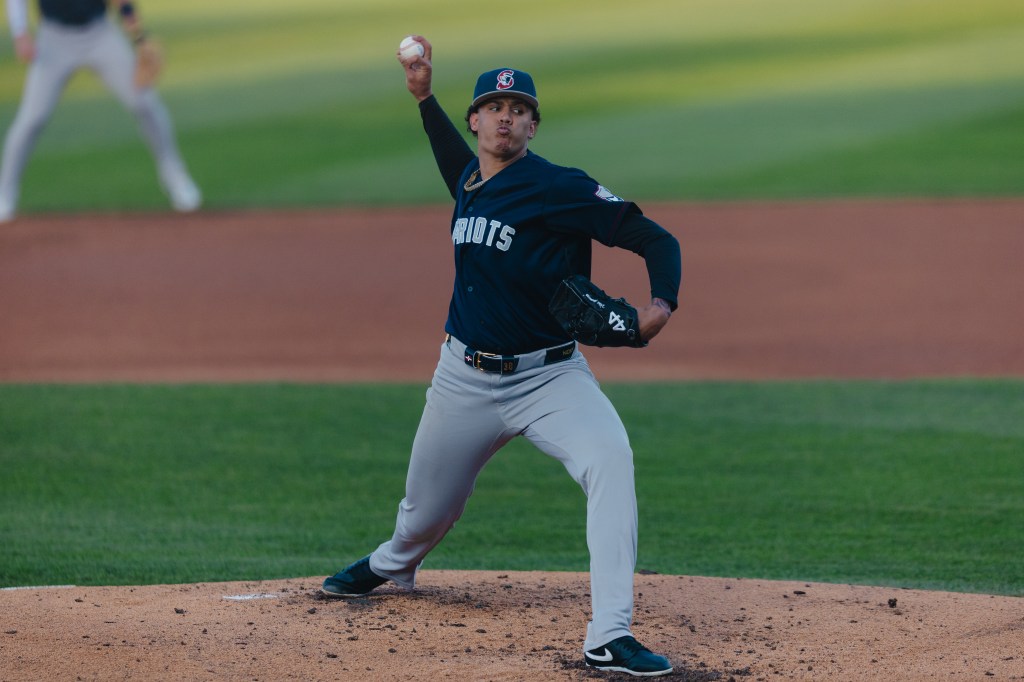Carlos Lagrange #38 of the Somerset Patriots pitches during the game between the Somerset Patriots and the Binghamton Rumble Ponies at Mirabito Stadium on Thursday, September 18, 2025 in Binghamton, New York.