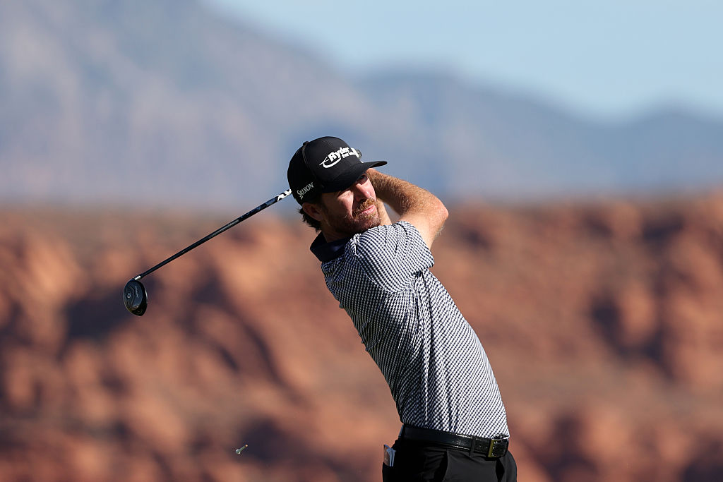 ST GEORGE, UTAH - OCTOBER 26: Sam Ryder of the United States plays his shot from the fourth tee during the final round of the Bank of Utah Championship 2025 at Black Desert Resort on October 26, 2025 in St George, Utah. (Photo by Mike Mulholland/Getty Images)
