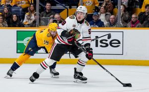 NASHVILLE, TENNESSEE - JANUARY 10: Tyler Bertuzzi #59 of the Chicago Blackhawks skates against Roman Josi #59 of the Nashville Predators during an NHL game at Bridgestone Arena on January 10, 2026 in Nashville, Tennessee. (Photo by John Russell/NHLI via Getty Images)