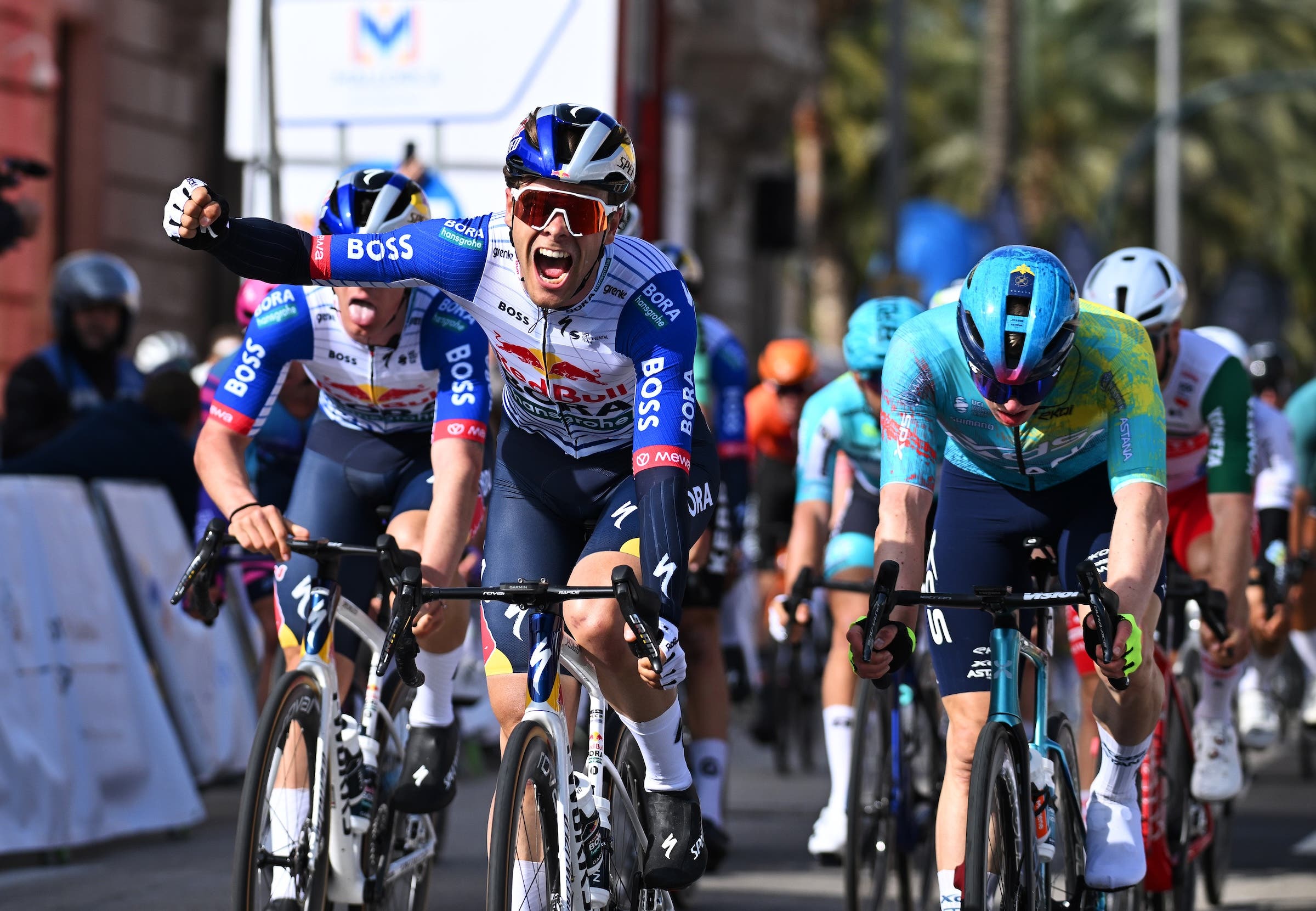 Arne Marit of Belgium and Team Red Bull - Bora - Hanssrohe celebrates at finish line as race winner during the 35th Challenge Ciclista Mallorca 2026 - Trofeo Palma a 158.3km one day race from Marratxí to Palma de Mallorca on February 01, 2026 in Palma de Mallorca, Spain. (Photo: Tim de Waele/Getty Images)
