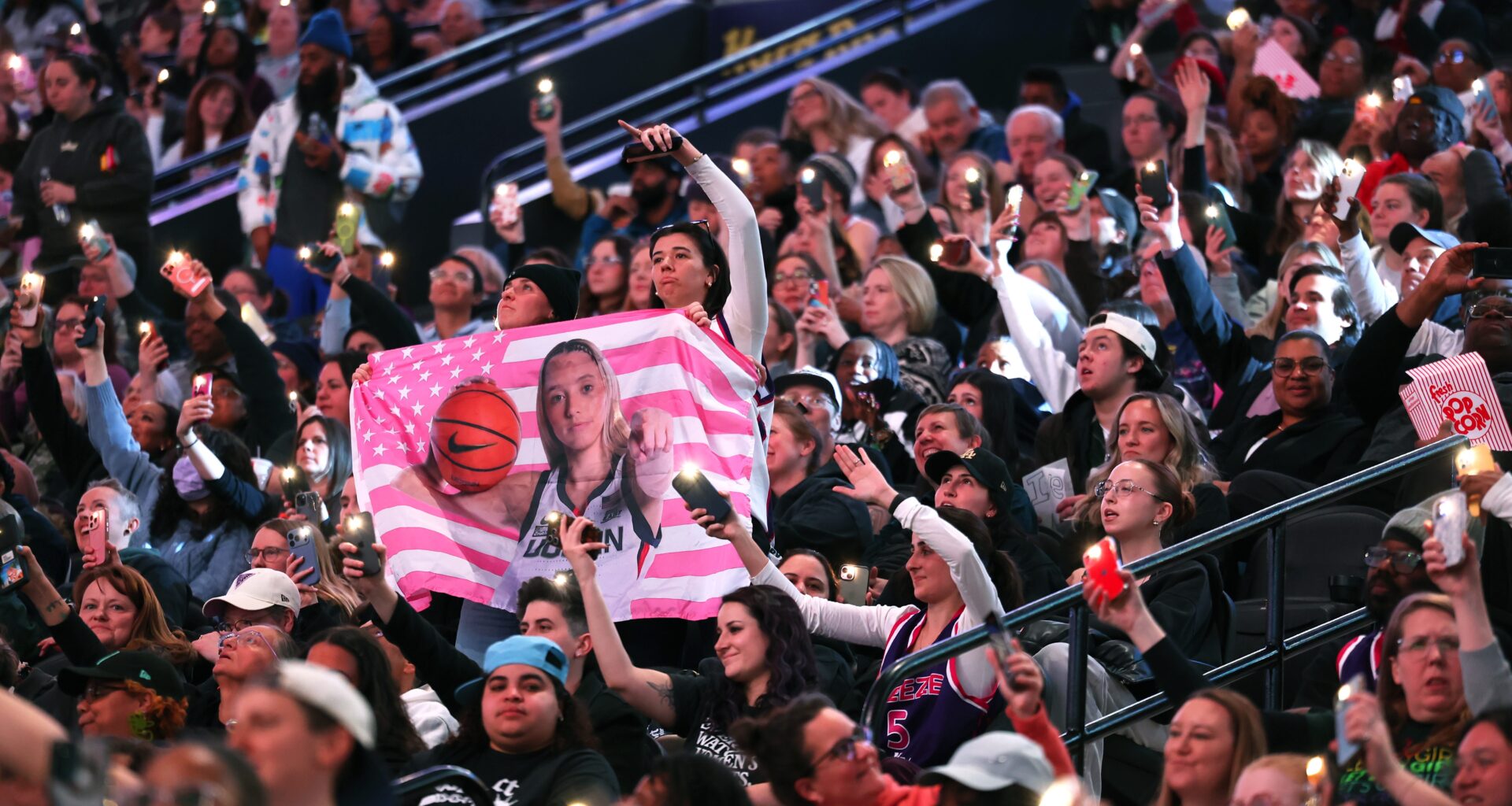 Unrivaled fans in the stands cheer during a game between the Breeze and the Phantom basketball clubs on Jan. 30, 2026, at Xfinity Mobile Arena in Philadelphia.