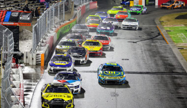 WINSTON SALEM, NORTH CAROLINA - FEBRUARY 04: Carson Hocevar, driver of the #77 Zeigler Auto Group Chevrolet, William Byron, driver of the #24 Valvoline Chevrolet, Connor Zilisch, driver of the #88 Trackhouse Chevrolet, and Chase Elliott, driver of the #9 NAPA Auto Parts Chevrolet, race during the Cook Out Clash at Bowman Gray Stadium at Bowman Gray Stadium on February 04, 2026 in Winston Salem, North Carolina. (Photo by Jonathan Bachman/Getty Images)