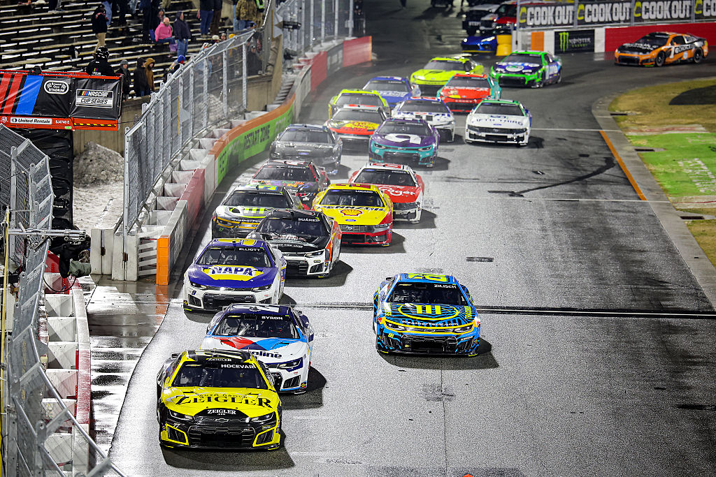 WINSTON SALEM, NORTH CAROLINA - FEBRUARY 04: Carson Hocevar, driver of the #77 Zeigler Auto Group Chevrolet, William Byron, driver of the #24 Valvoline Chevrolet, Connor Zilisch, driver of the #88 Trackhouse Chevrolet, and Chase Elliott, driver of the #9 NAPA Auto Parts Chevrolet, race during the Cook Out Clash at Bowman Gray Stadium at Bowman Gray Stadium on February 04, 2026 in Winston Salem, North Carolina. (Photo by Jonathan Bachman/Getty Images)