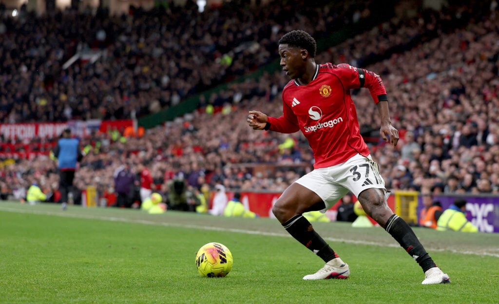 Kobbie Mainoo during the Premier League match between Manchester United and Tottenham Hotspur at Old Trafford in 2026 in Manchester, England.
