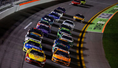 DAYTONA BEACH, FLORIDA - FEBRUARY 12: Joey Logano, driver of the #22 Shell Pennzoil Ford, and Chris Buescher, driver of the #17 Body Guard Ford, lead the field during Duel 1 for the NASCAR Cup Series Daytona 500 at Daytona at Daytona International Speedway on February 12, 2026 in Daytona Beach, Florida. (Photo by Sean Gardner/Getty Images)