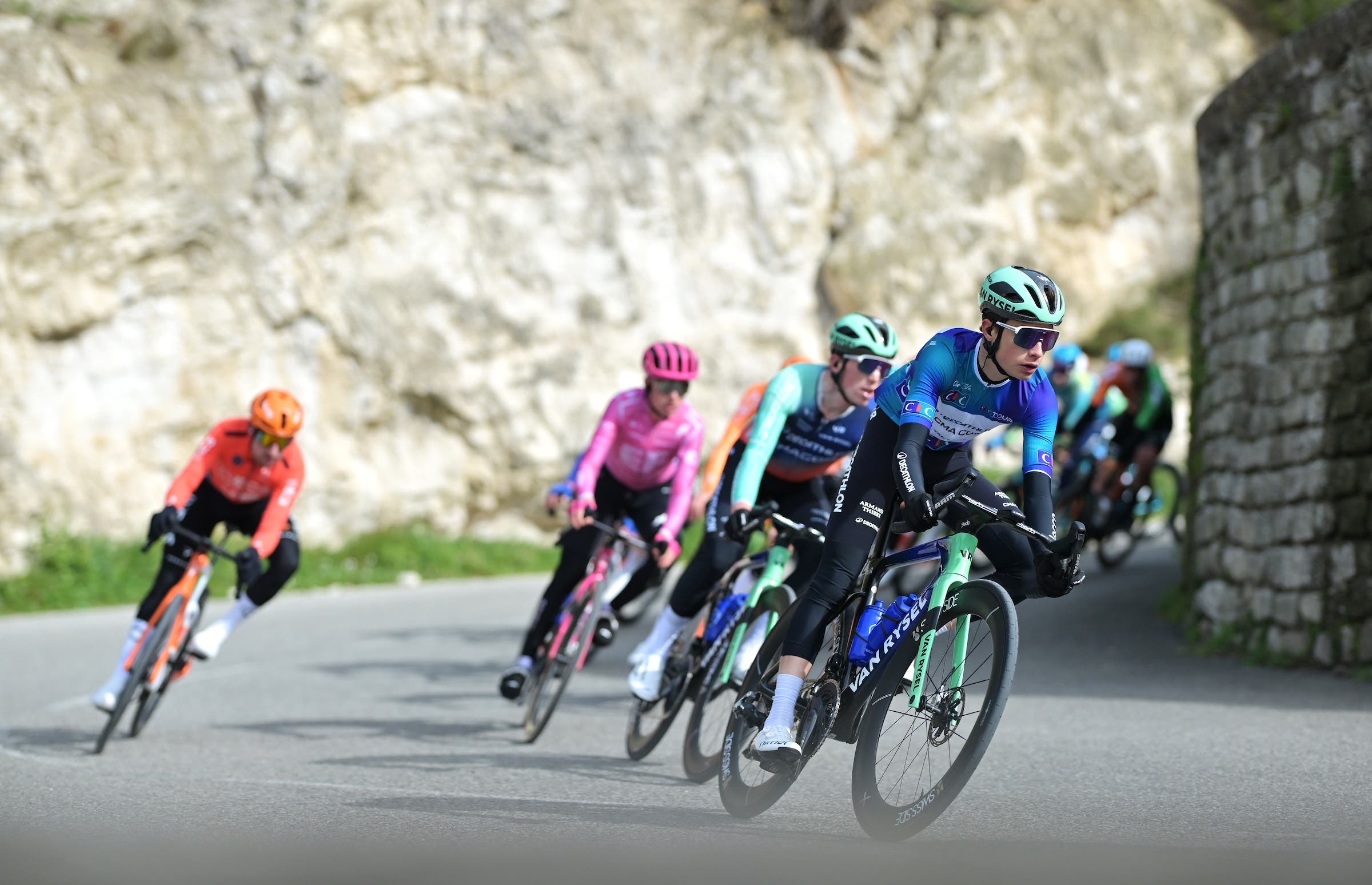 Matthew Riccitello (Team Decathlon CMA CGM) wears the leader's jersey during stage 3 of the Tour de la Provence 2026 (Photo: Billy Ceusters/Getty Images)