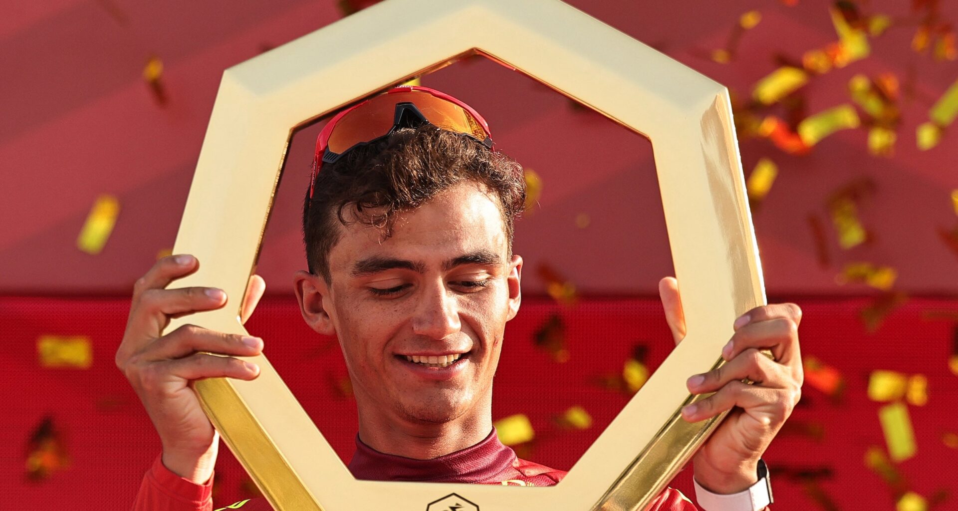 UAE Team Emirates XRG rider Isaac Del Toro celebrates winning the UAE Tour (Photo: Fadel Senna / AFP)