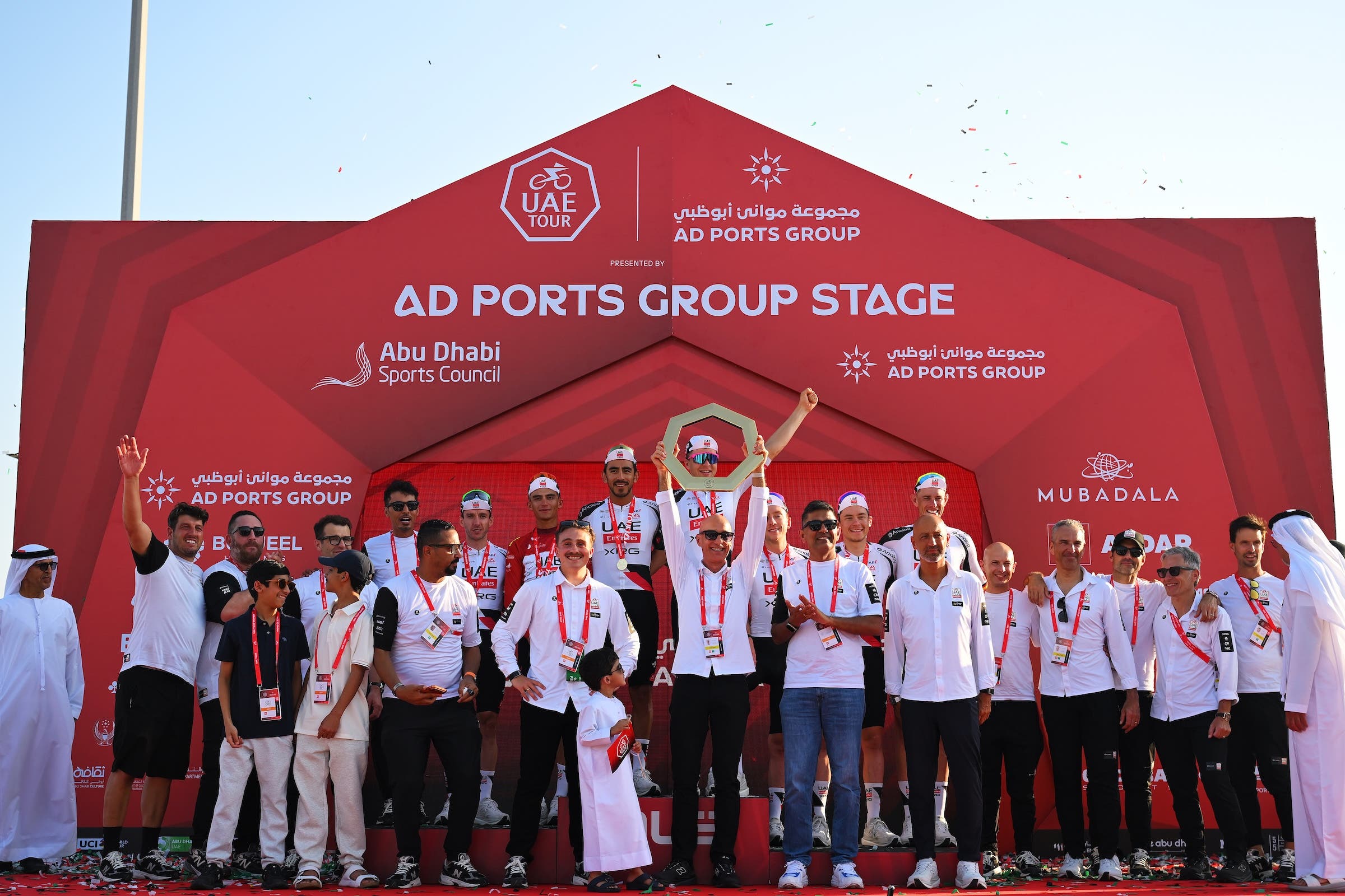 Isaac Del Toro and his team celebrate his UAE Tour win on February 22, 2026 in Abu Dhabi (Photo: Tim de Waele/Getty Images)