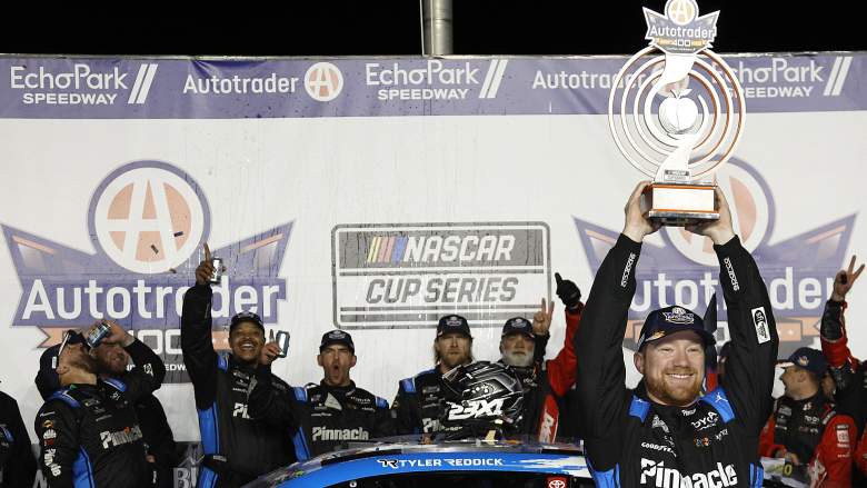 Tyler Reddick celebrates after winning his second straight NASCAR Cup Series race at Atlanta Motor Speedway in 2026