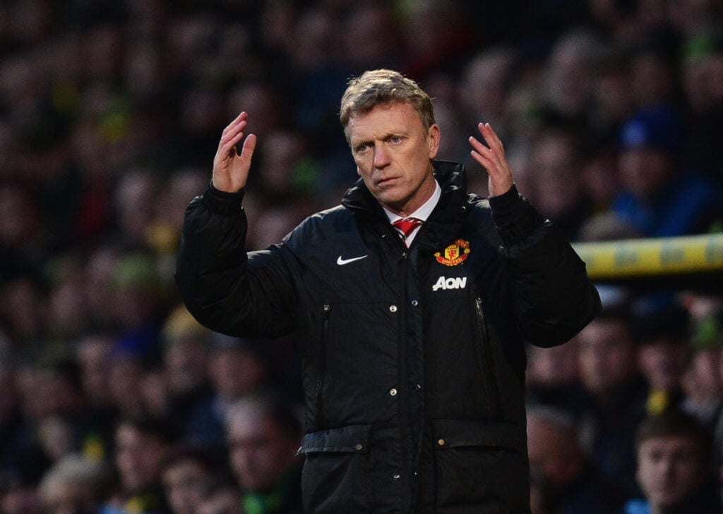 David Moyes reacts during the Barclays Premier League match between Norwich City and Manchester United at Carrow Road in 2013 in Norwich, England.