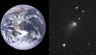 A two panel image showing a picture of the Earth from space on the left and the haxy light of a comet moving through a distant starfield on the right.
