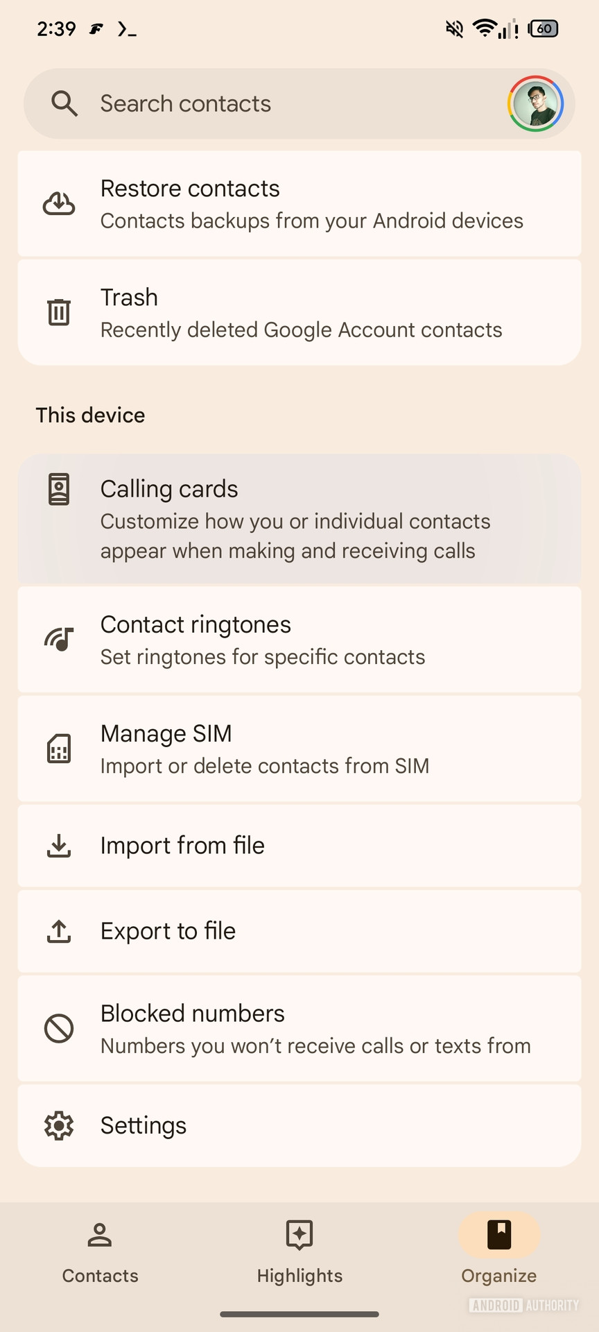 Google Contacts Calling Cards shortcut