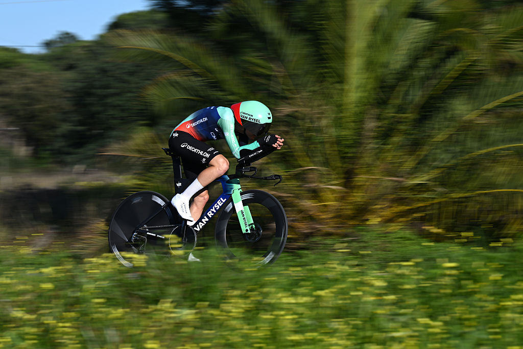 VILLAMOURA, PORTUGAL - FEBRUARY 20: Paul Seixas of France and Team Decathlon CMA CGM competes during the 52nd Volta ao Algarve em Bicicleta 2026, Stage 3 a 19.5km individual time trial stage from Vilamoura to Vilamoura on February 20, 2026 in Vilamoura, Portugal. (Photo by Dario Belingheri/Getty Images)