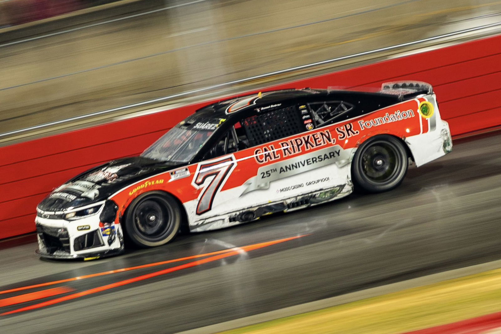 Daniel Suarez in the #7 Spire Motorsports Chevrolet Camaro during the NASCAR Cup Series Clash at Bowman Gray Stadium.