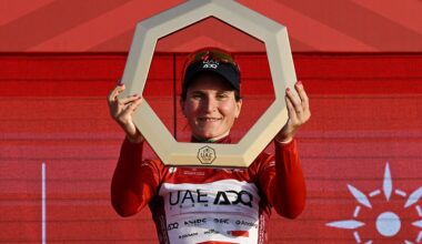 JEBEL HAFEET, UNITED ARAB EMIRATES - FEBRUARY 08: Elisa Longo Borghini of Italy and Team UAE ADQ celebrates at podium as Red Leader Jersey winner during the 4th UAE Tour Women 2026, Stage 4 a 156km stage from Al Ain Hazza Bin Zayed Stadium to Jebel Hafeet 1042m / #UCIWWT / on February 08, 2026 in Jebel Hafeet, United Arab Emirates. (Photo by Tim de Waele/Getty Images)