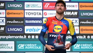 ACQUI TERME, ITALY - OCTOBER 09: Bauke Mollema of Netherlands and Team Lidl - Trek on third place poses on the podium ceremony after the 109th Gran Piemonte 2025 a 179km one day race from Dogliani to Acqui Terme on October 09, 2025 in Acqui Terme, Italy. (Photo by Dario Belingheri/Getty Images)