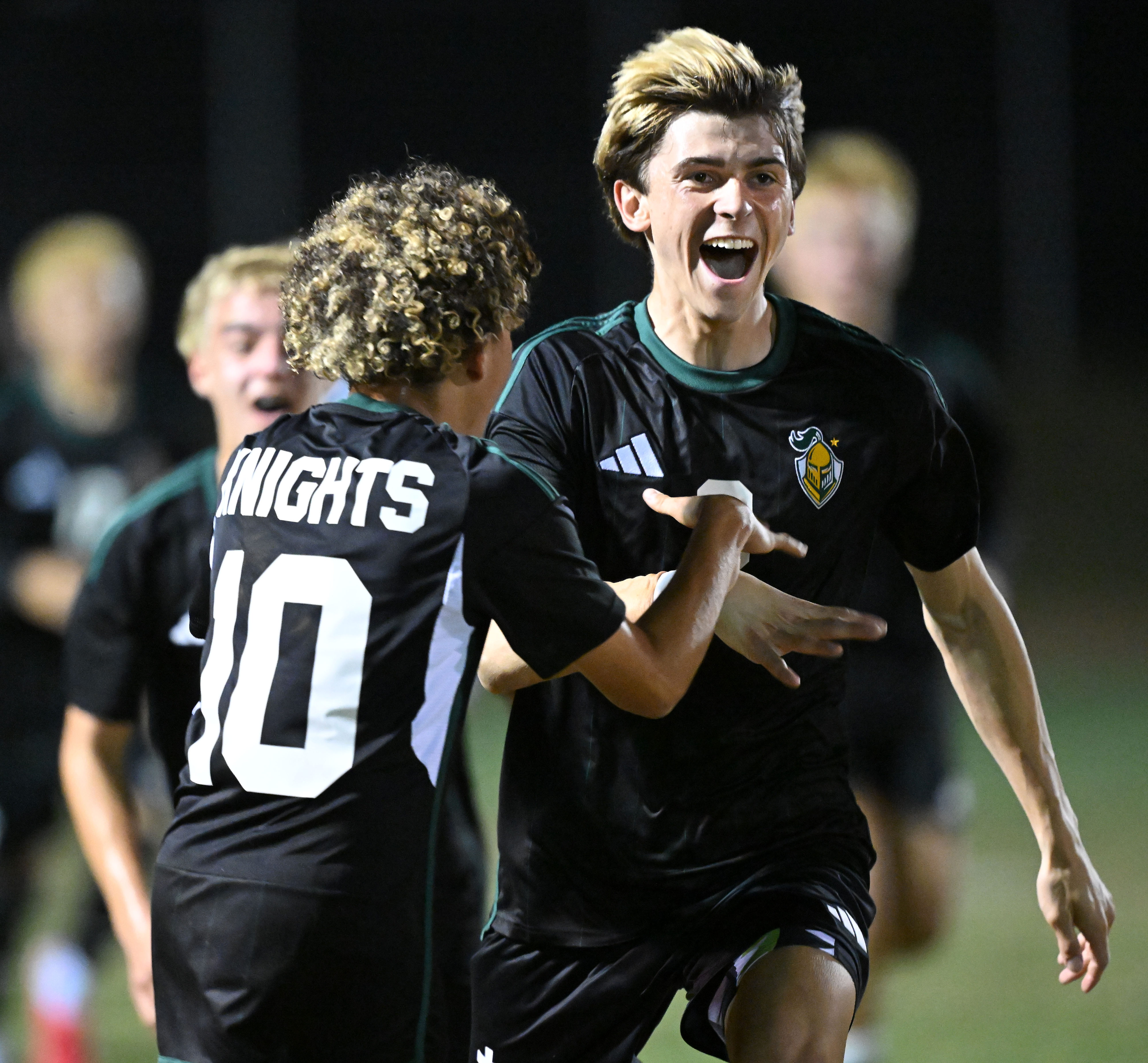 Ontario Christian defender Jacob de Corte (8) celebrates his goal...