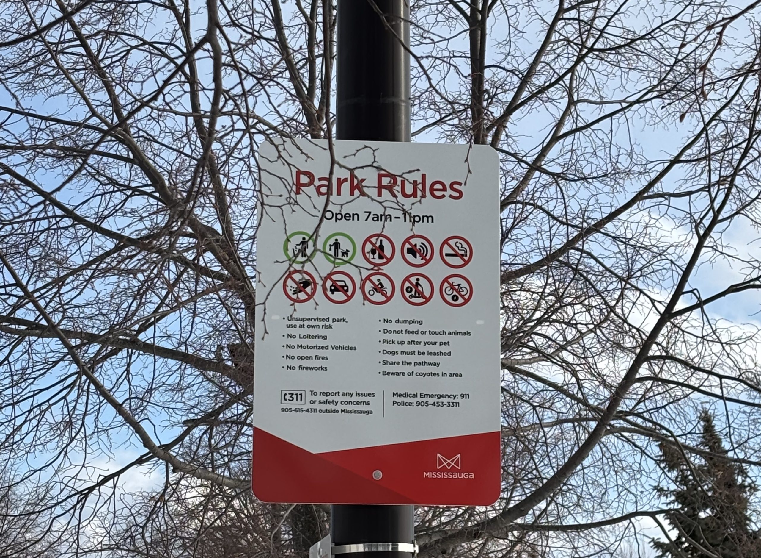 Close up of park signage at a Mississauga park
