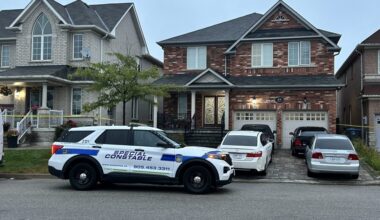 Police vehicles with flashing lights at a nighttime crime scene near Castlemore Road and Humberwest Parkway in Brampton.