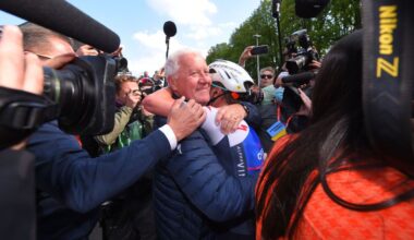 LIEGE, BELGIUM - APRIL 24: Remco Evenepoel of Belgium and Team Quick-Step - Alpha Vinyl celebrates as race winner with Patrick Lefevere of Belgium CEO Team manager during the 108th Liege - Bastogne - Liege 2022 - Men&amp;apos;s Elite a 257,2km one day race from Li&egrave;ge to Li&egrave;ge / #LBL / #WorldTour / on April 24, 2022 in Liege, Belgium. (Photo by Luc Claessen/Getty Images)