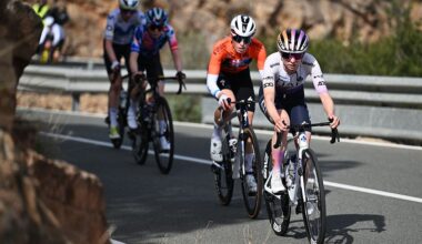 VALENCIA, SPAIN - FEBRUARY 15: (L-R) Demi Vollering of Netherlands and Team FDJ United - SUEZ - Orange Leader Jersey and Maeva Squiban of France and UAE Team ADQ compete in the breakaway during the 10th Setmana Ciclista - Volta Femenina de la Comunitat Valenciana 2026, Stage 4 a 117km stage from Sagunt to Valencia on February 15, 2026 in Valencia, Spain. (Photo by Szymon Gruchalski/Getty Images)