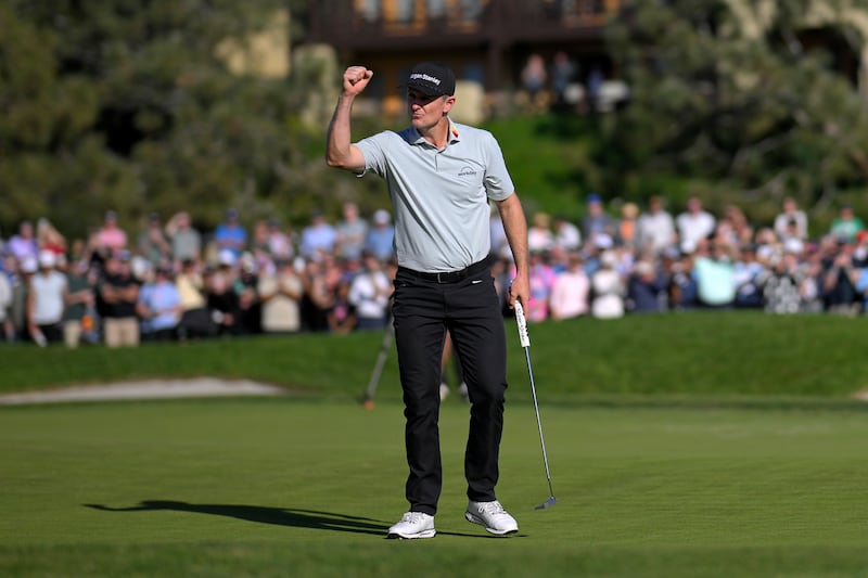 Justin Rose celebrates winning the Farmers Insurance Open at Torrey Pines, California, last Sunday. Photograph: Orlando Ramirez/Getty Images