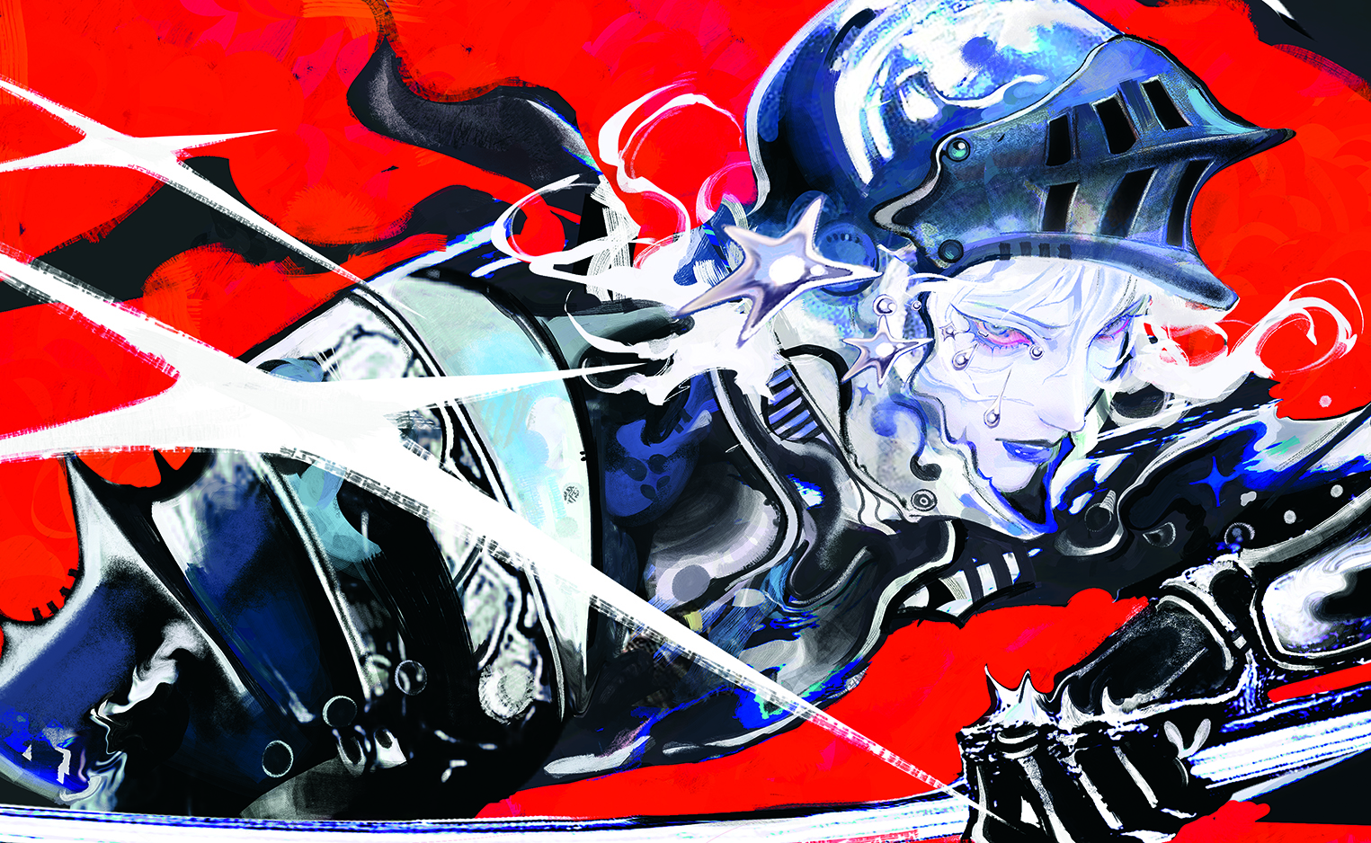 Digital art showing a character drawing in chaotic vibrant red and high contrast colours