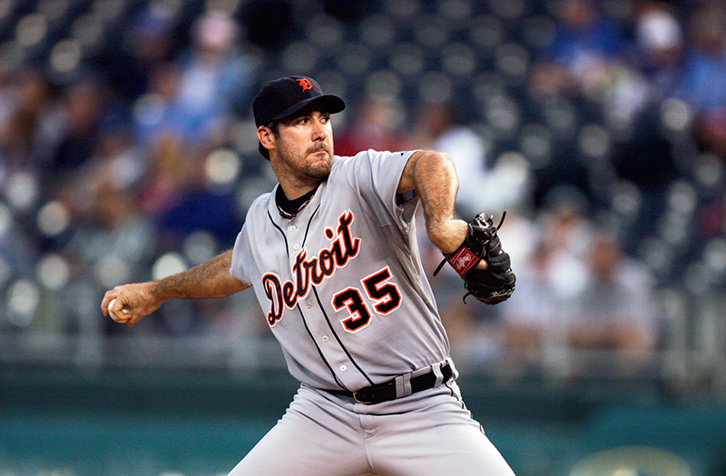 Justin Verlander in the wind-up of a pitch