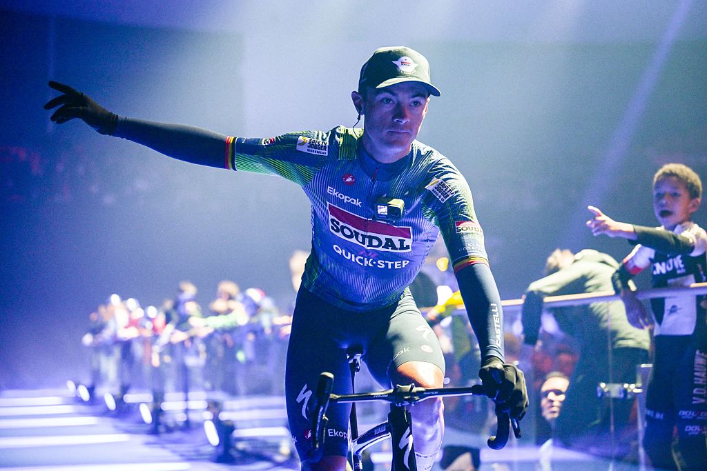 Belgian Yves Lampaert of Soudal Quick-Step pictured at the team presentation at the start of the 81st edition of the men's one-day cycling race Omloop Het Nieuwsblad (UCI World Tour), the opening race of the Flemish one-day classics season, 207,6 km from Gent to Ninove, Saturday 28 February 2026. BELGA PHOTO DAVID PINTENS (Photo by DAVID PINTENS / BELGA MAG / Belga via AFP)