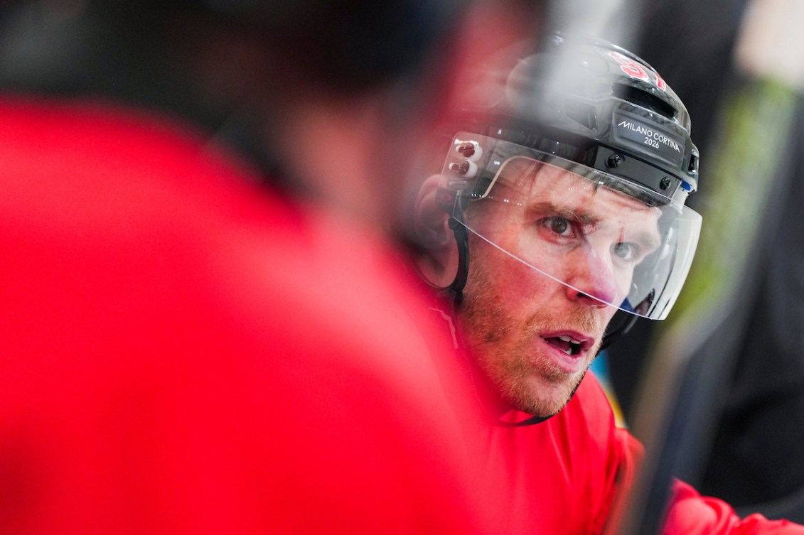 Team Canada’s Connor McDavid takes part in a practice