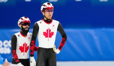 Steven Dubois and William Dandjinou react after the men's 1500m final