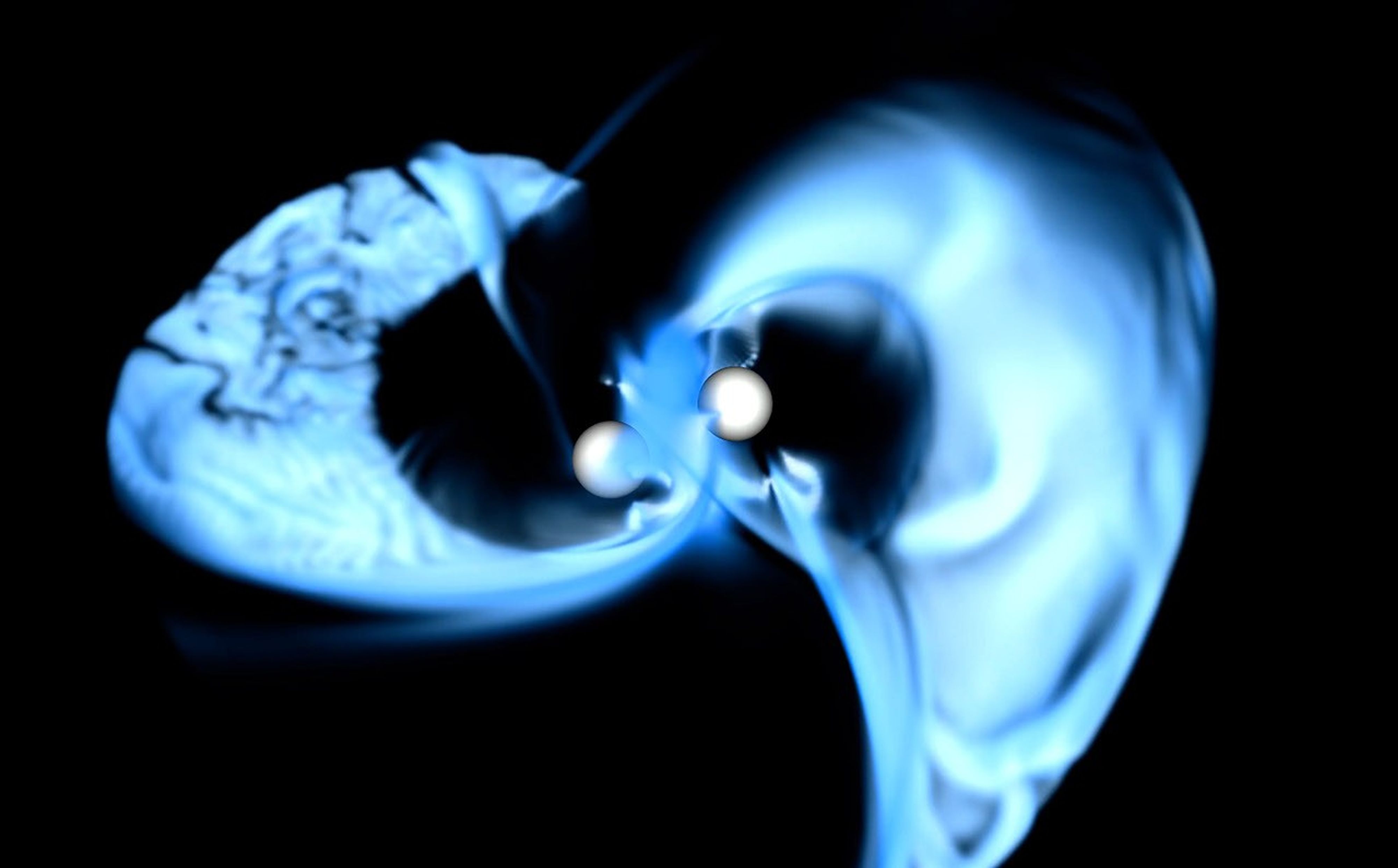 A screenshot of a NASA supercomputer simulation showing neutron stars spiraling together, creating magnetic chaos