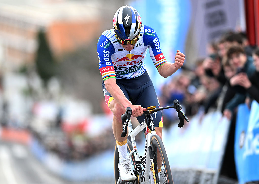 TEULADA MORAIRA, SPAIN - FEBRUARY 07: Remco Evenepoel of Belgium and Team Red Bull - BORA - hansgrohe celebrates at finish line as stage winner during the 77th Volta Comunitat Valenciana 2026, Stage 4 a 172km stage from La Nucia to Teulada Moraira on February 07, 2026 in Teulada Moraira, Spain. (Photo by Szymon Gruchalski/Getty Images)