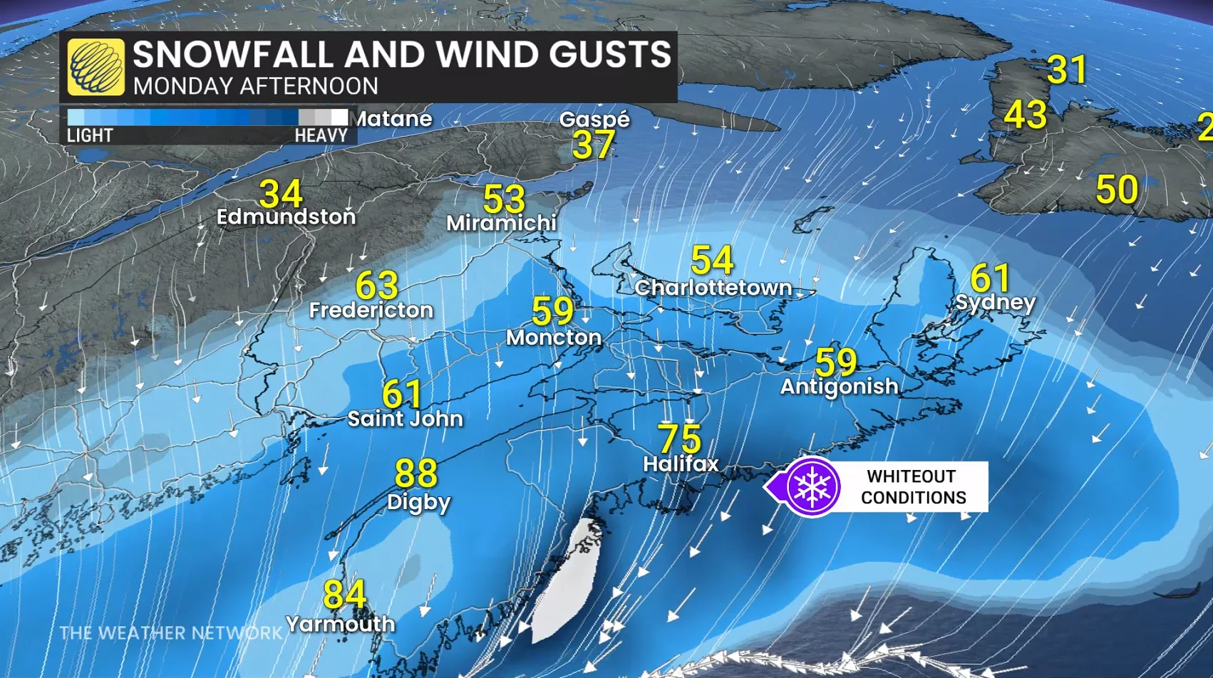 Maritimes snow wind gusts Monday afternoon