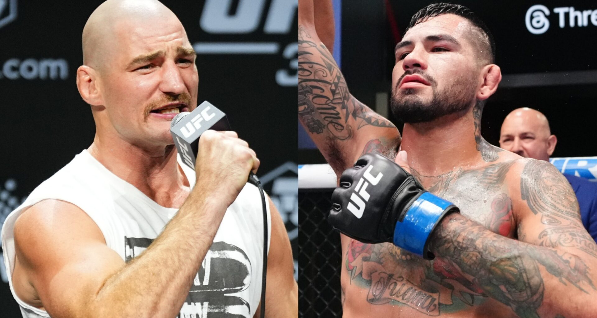 Sean Strickland speaks at the UFC 312 press conference, opposite Anthony Hernandez after his win over Roman Dolidze