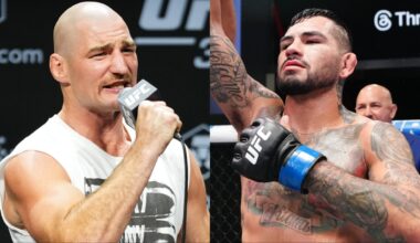 Sean Strickland speaks at the UFC 312 press conference, opposite Anthony Hernandez after his win over Roman Dolidze