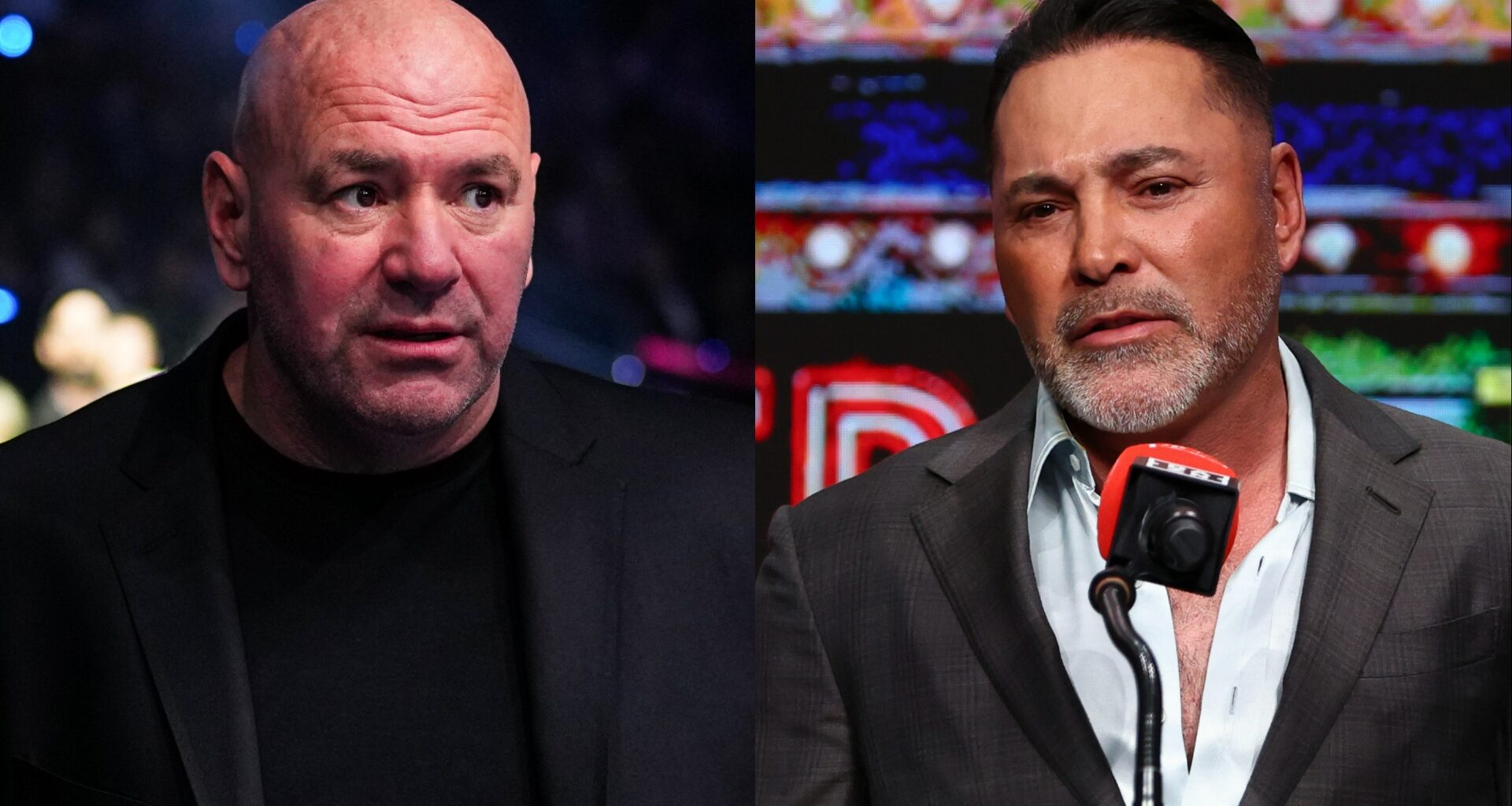 Dana White cageside at UFC 324, opposite Oscar De La Hoya at a press conference