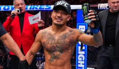 Joshua Van celebrates as the official decision is read at UFC 323