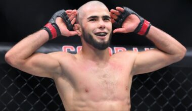 Muhammad Mokaev enters the Octagon for his fight at UFC 304