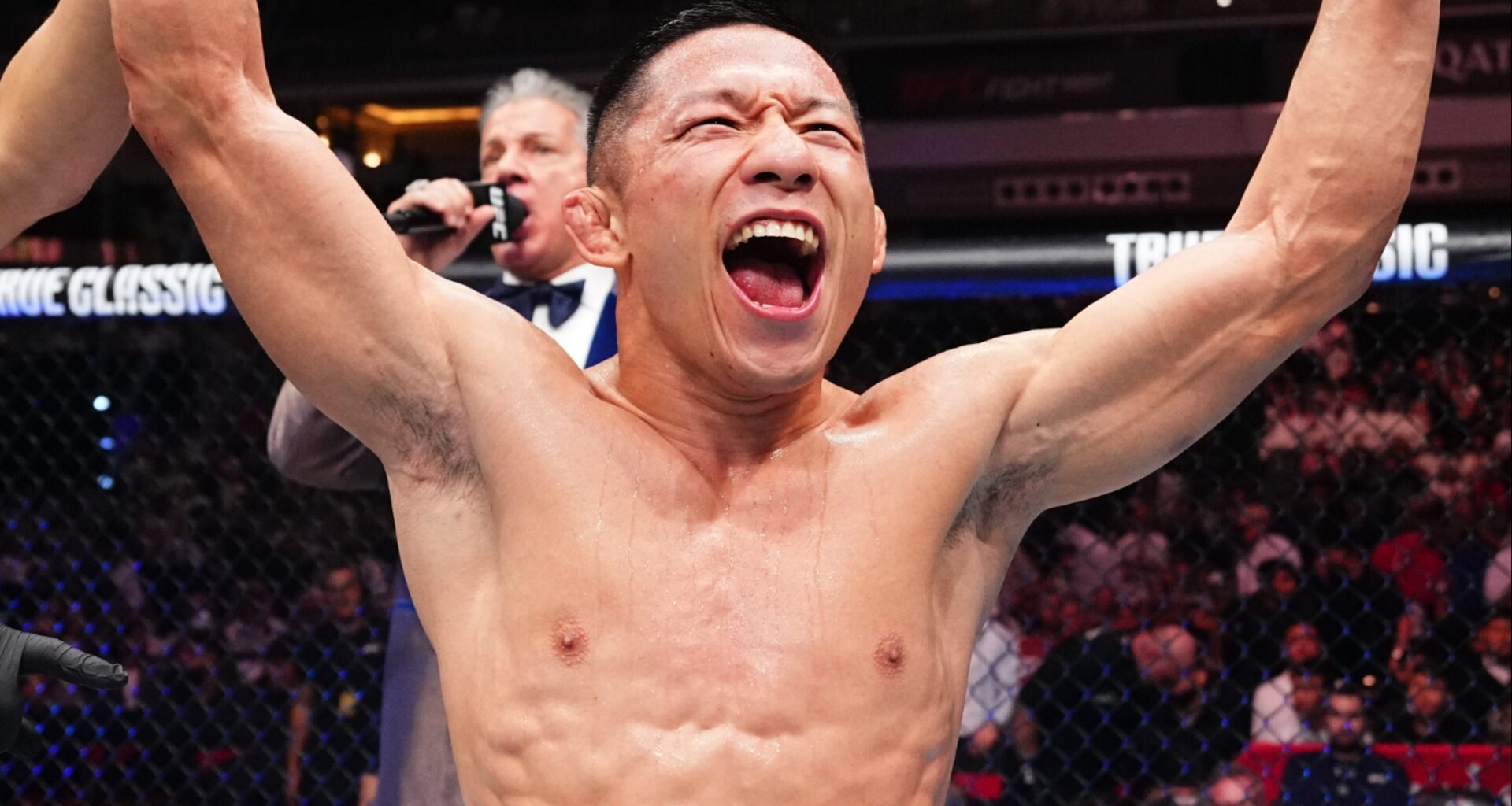 Kyoji Horiguchi celebrates after a win at UFC Qatar
