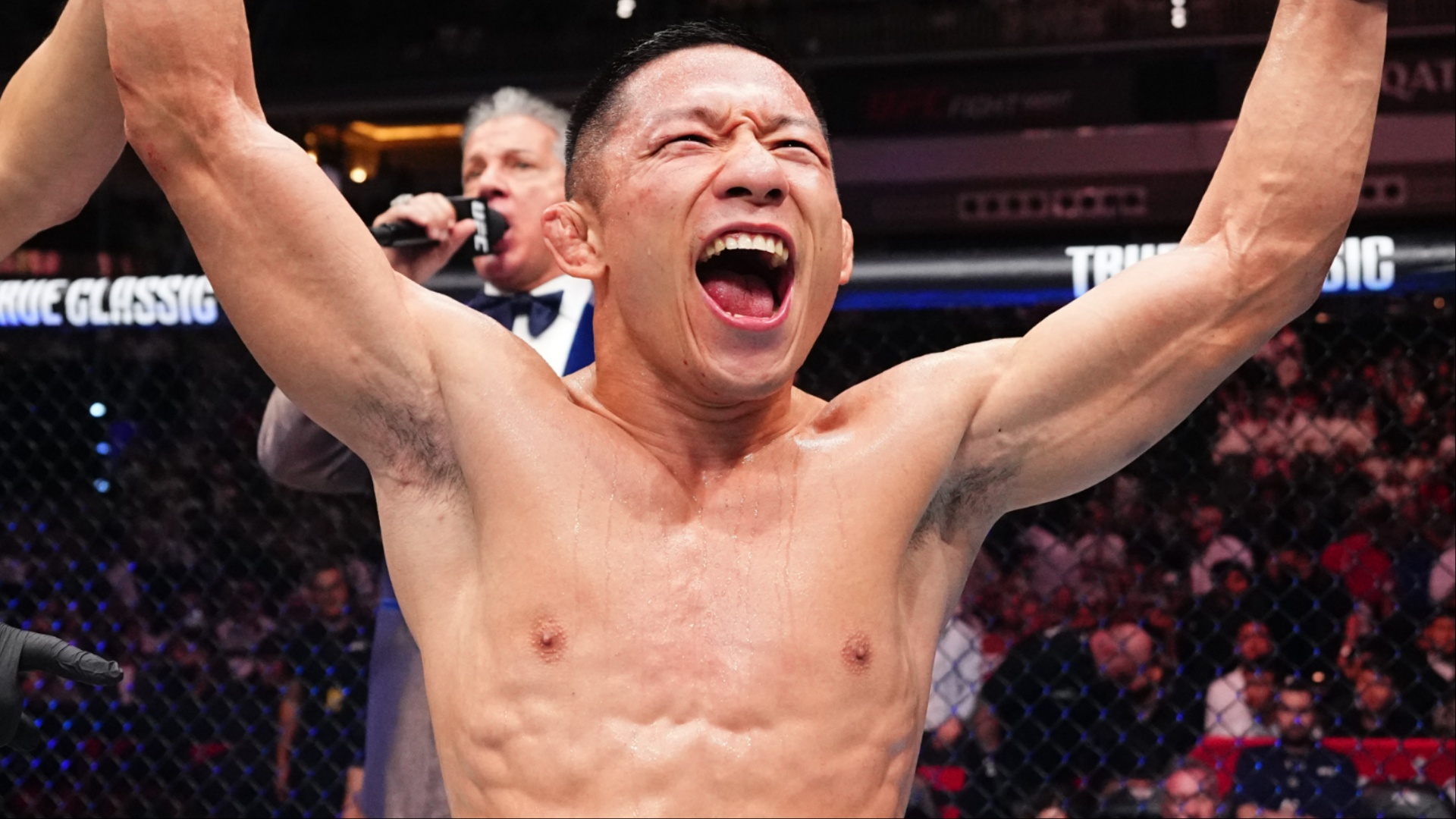 Kyoji Horiguchi celebrates after a win at UFC Qatar