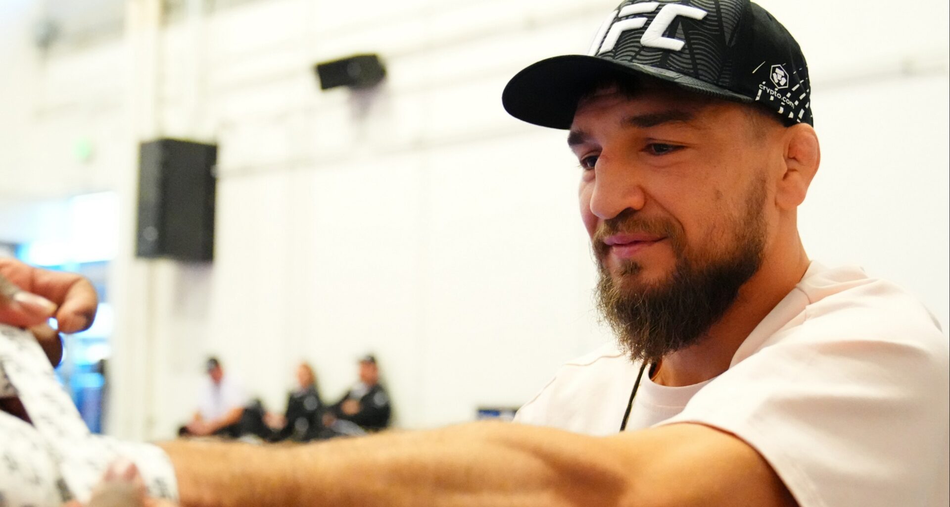 Yaroslav Amosov gets his hands wrapped backstage at UFC Vegas 112