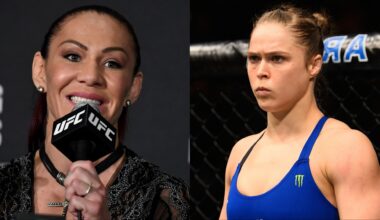 Cris Cyborg at the UFC 232 press conference, opposite Ronda Rousey