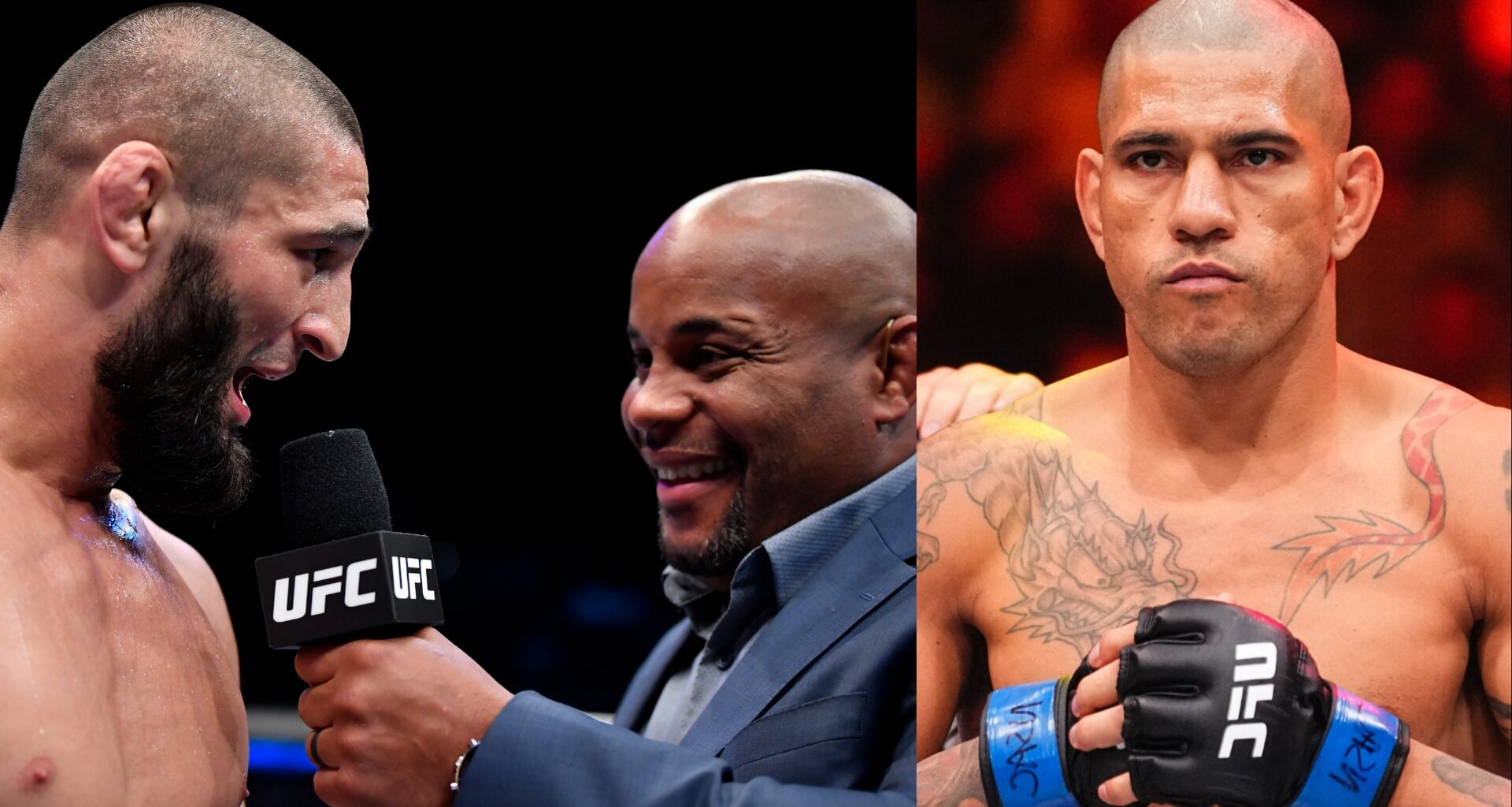Khamzat Chimaev being interviewed by Daniel Cormier, opposite Alex Pereira