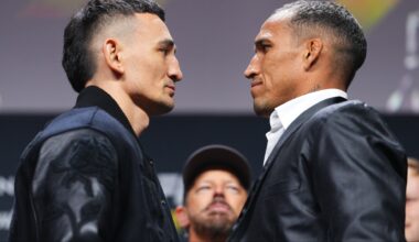 Max Holloway and Charles Oliveira face off at a press conference