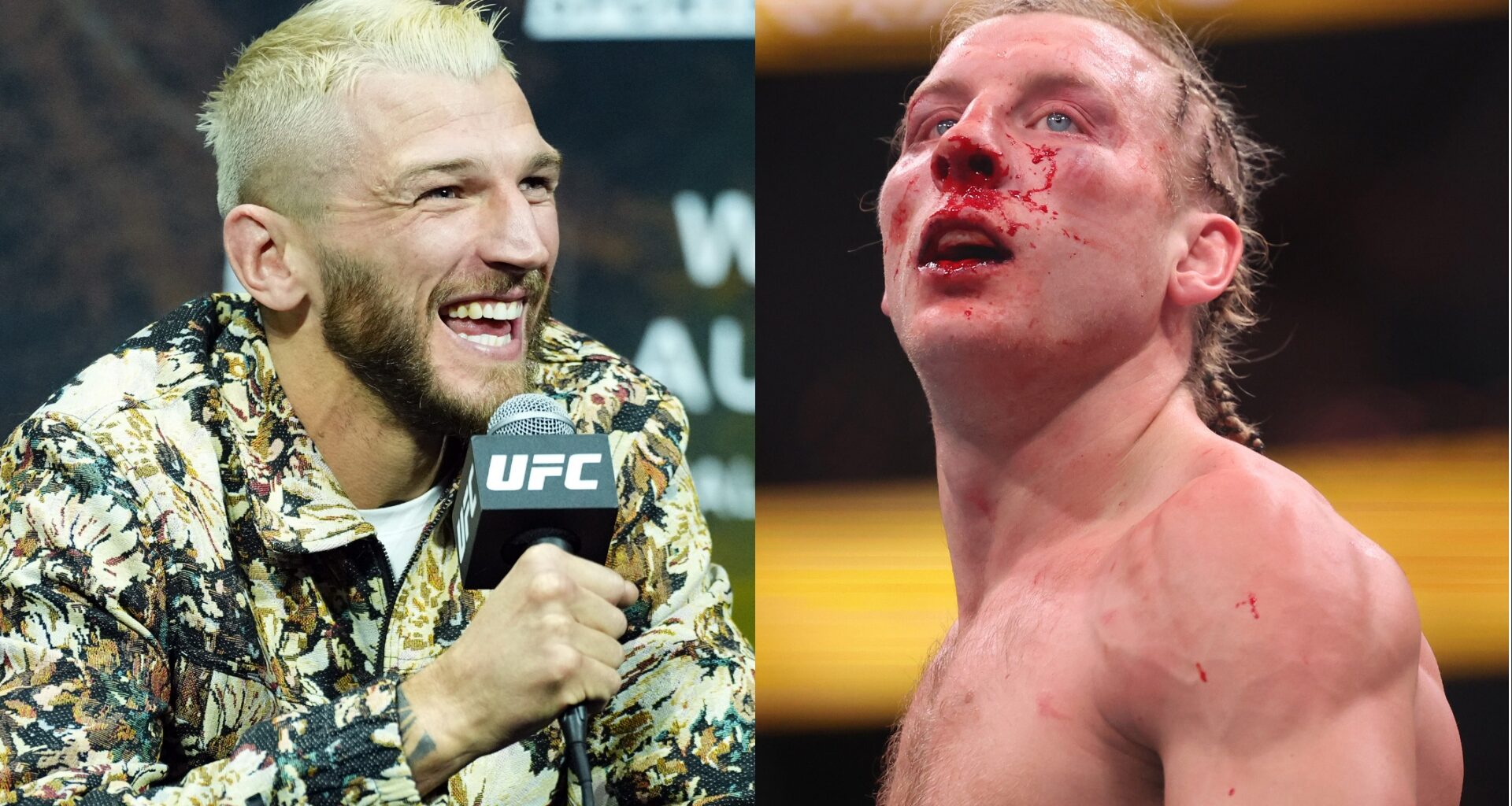 Dan Hooker speaks at a press conference, opposite Paddy Pimblett after UFC 324