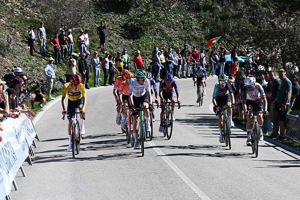 LOULE, PORTUGAL - FEBRUARY 22: A general view of Juan Ayuso of Spain and Team Lidl - Trek - Yellow leader jersey, Oscar Onley of Great Britain and Team INEOS Grenadiers, Paul Seixas of France and Team Decathlon CMA CGM - White best young jersey, Daniel Felipe Martinez of Colombia and Team Red Bull - BORA - hansgrohe, Matthew Riccitello of United States, Joao Almeida of Portugal and UAE Team Emirates - XRG compete during the 52nd Volta ao Algarve em Bicicleta 2026, Stage 5 a 148.4km stage from Faro to Malhao - Loule 512m on February 22, 2026 in Loule, Portugal. (Photo by Dario Belingheri/Getty Images)