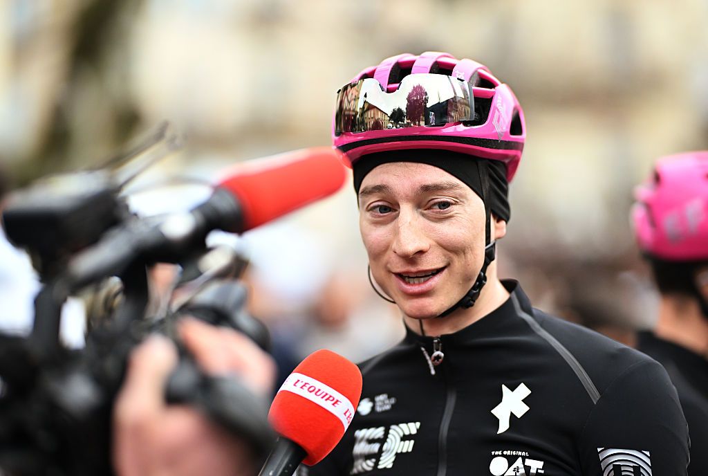 FORCALQUIER, FRANCE - FEBRUARY 14: Neilson Powless of United States and Team EF Education - EasyPost meets the media press prior to the 10th Tour de la Provence 2026, Stage 2 a 174.9km stage from Forcalquier to Montagne de Lure on February 14, 2026 in Forcalquier, France. (Photo by Billy Ceusters/Getty Images)