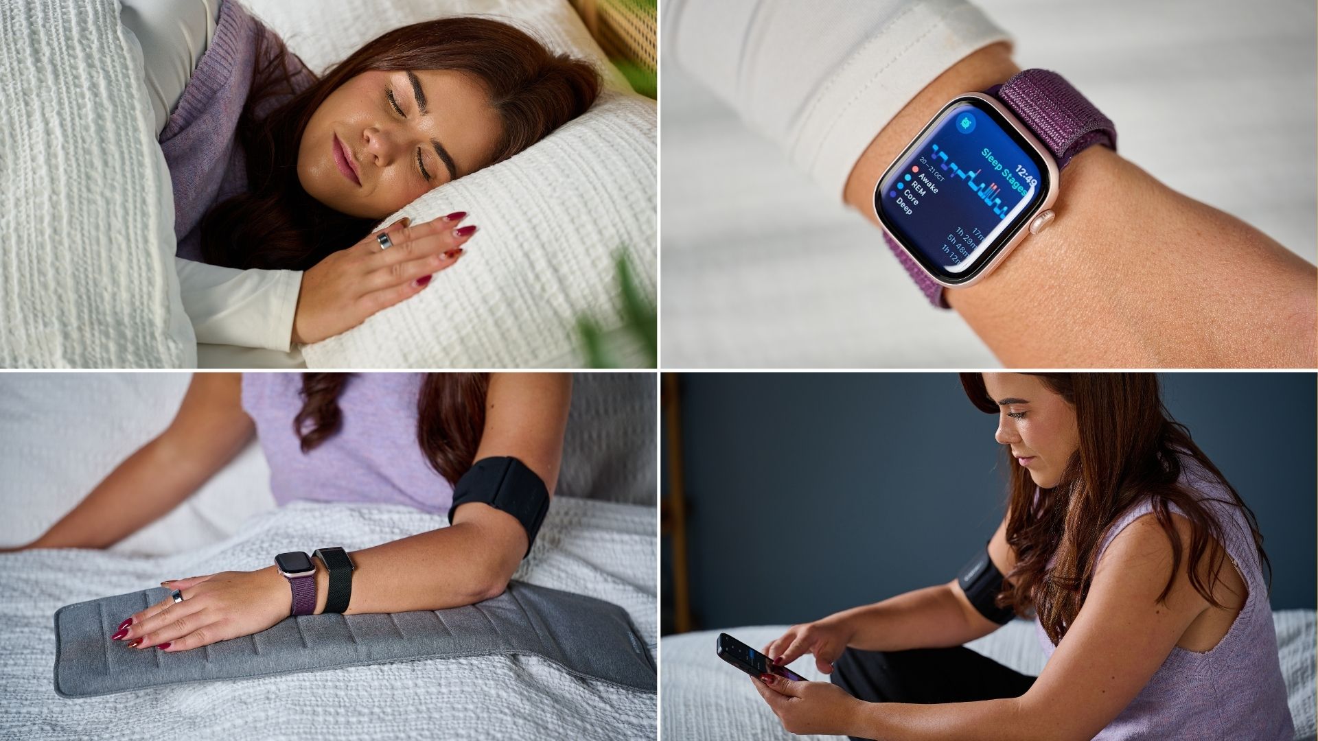 A collage of our sleep tech reviewer testing various sleep trackers in our studio. Laying in bed with white sheets wearing the Oura Ring 4 (top left). Apple Watch 10 with purple strap on wrist displaying sleep stages data (top right). All sleep tracker on arm resting on Withing sleep mat (bottom left). Checking sleep data on mobile wearing Garmin sleep tracking armband on right arm (bottom right).