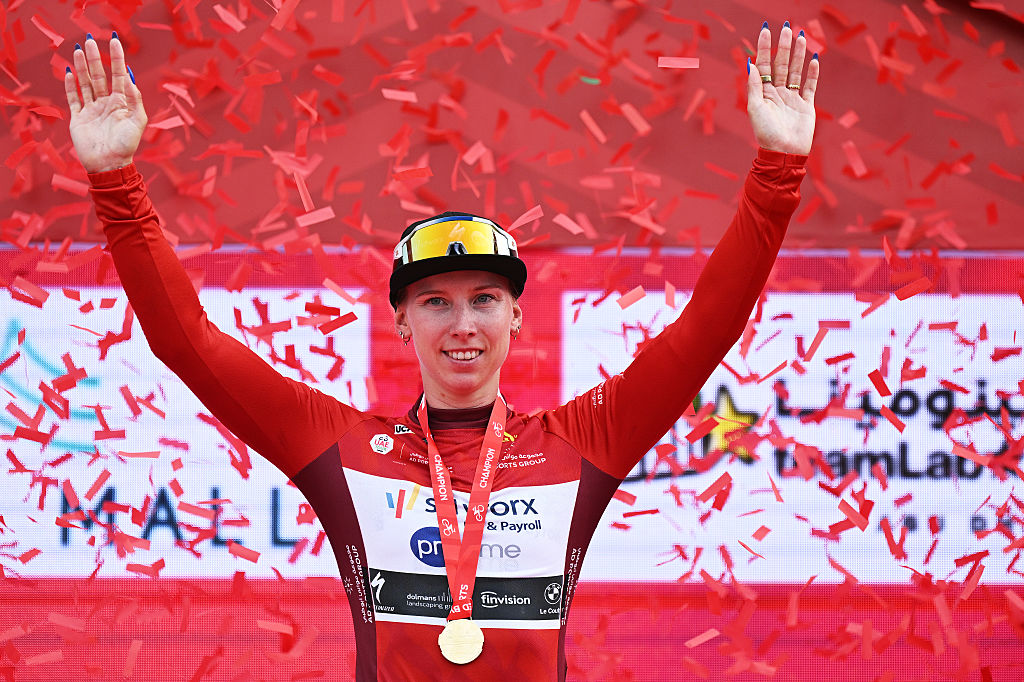 ABU DHABI, UNITED ARAB EMIRATES - FEBRUARY 07: Lorena Wiebes of Netherlands and Team SD Worx - Protime celebrates at podium as Red Leader Jersey winner during the 4th UAE Tour Women 2026, Stage 3 a 145km stage from Abu Dhabi TeamLab Phenomena to Abu Dhabi Breakwater on February 07, 2026 in Abu Dhabi, United Arab Emirates. (Photo by Tim de Waele/Getty Images)
